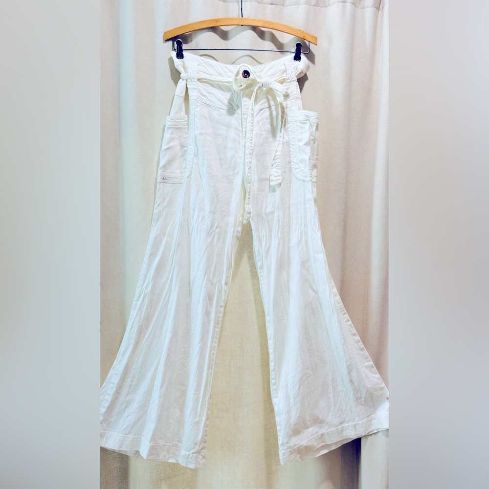 Anthropologie Wide Leg White Linen Pant with bow tie belt
